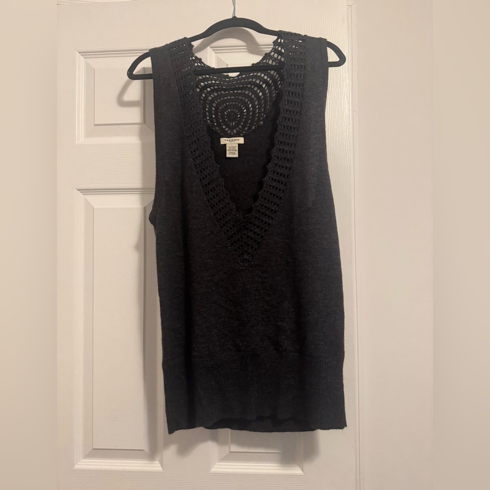 Black Sleeveless Deep V Neck Angora Wool Crochet Knit Tunic Vertigo Paris Large